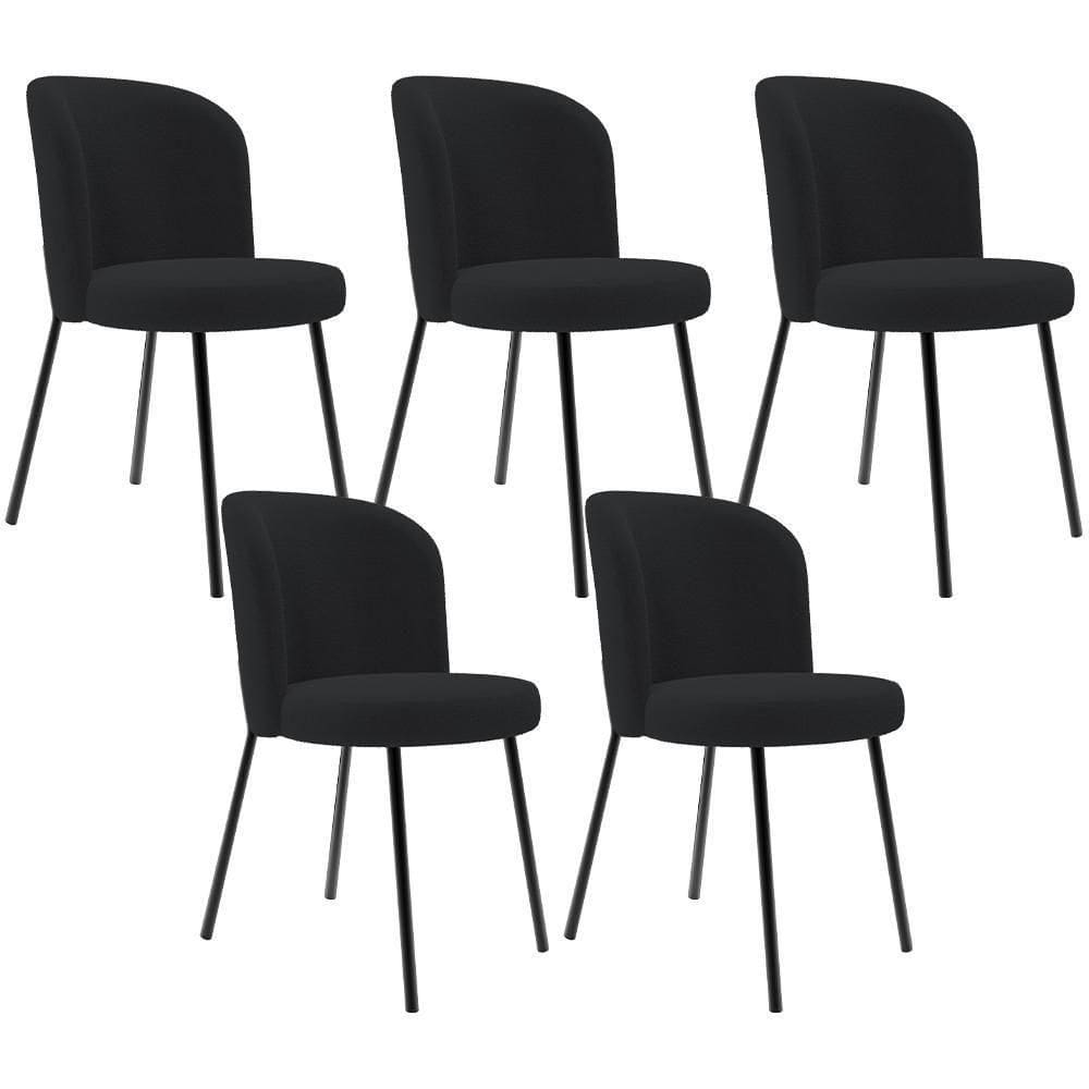 Kit 5 Cadeiras Sala De Jantar Estofada Gavi L02 Bouclê Preto - Lyam Decor