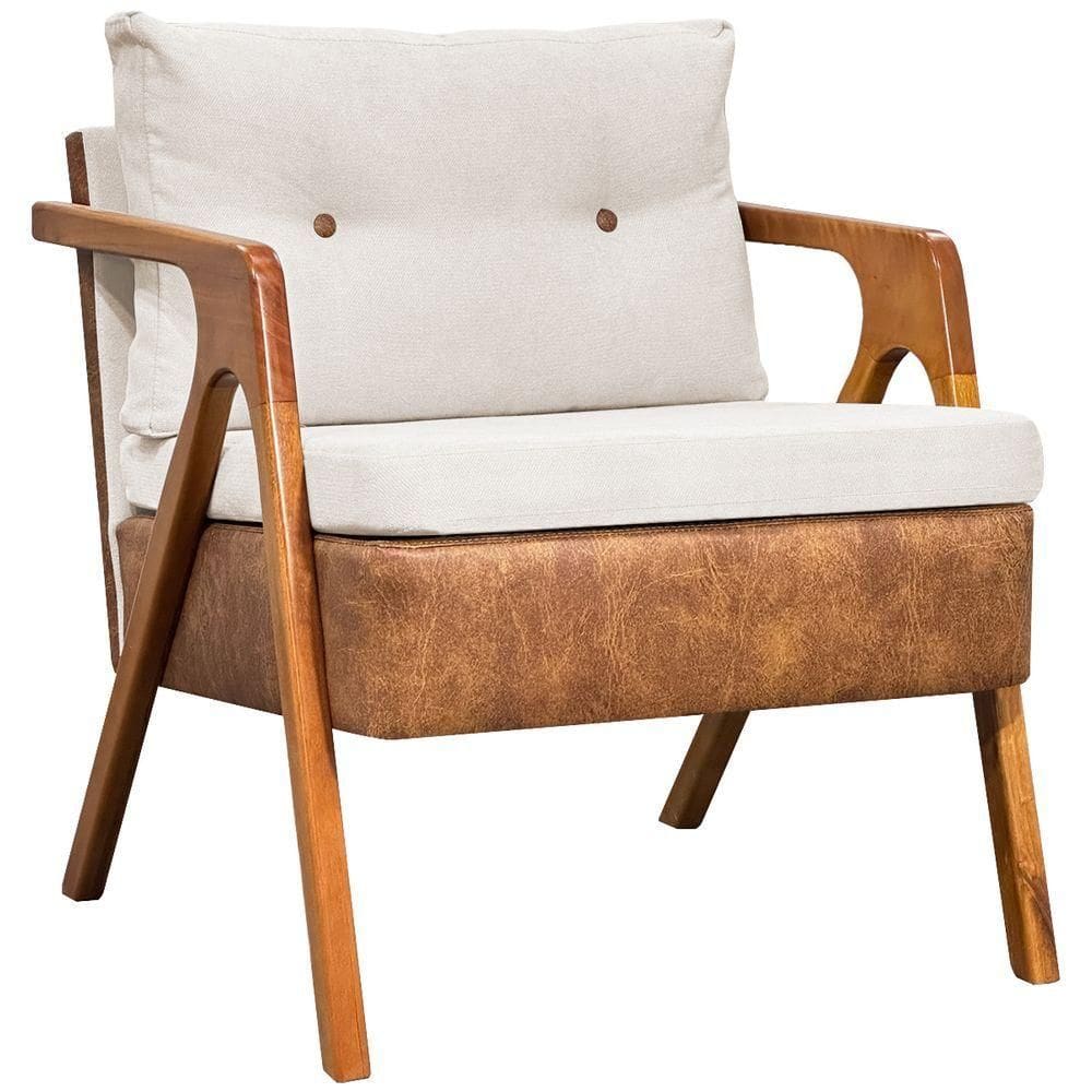 Poltrona Linho Moderna Laura Corino Com Linho Pé Castanho - Off White, Linho