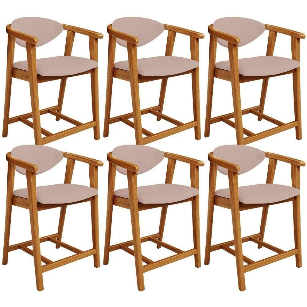 Kit 06 Banquetas Baixa Para Cozinha Sala Jantar Bancada Cecília L02 Linho Rosê - Lyam Decor