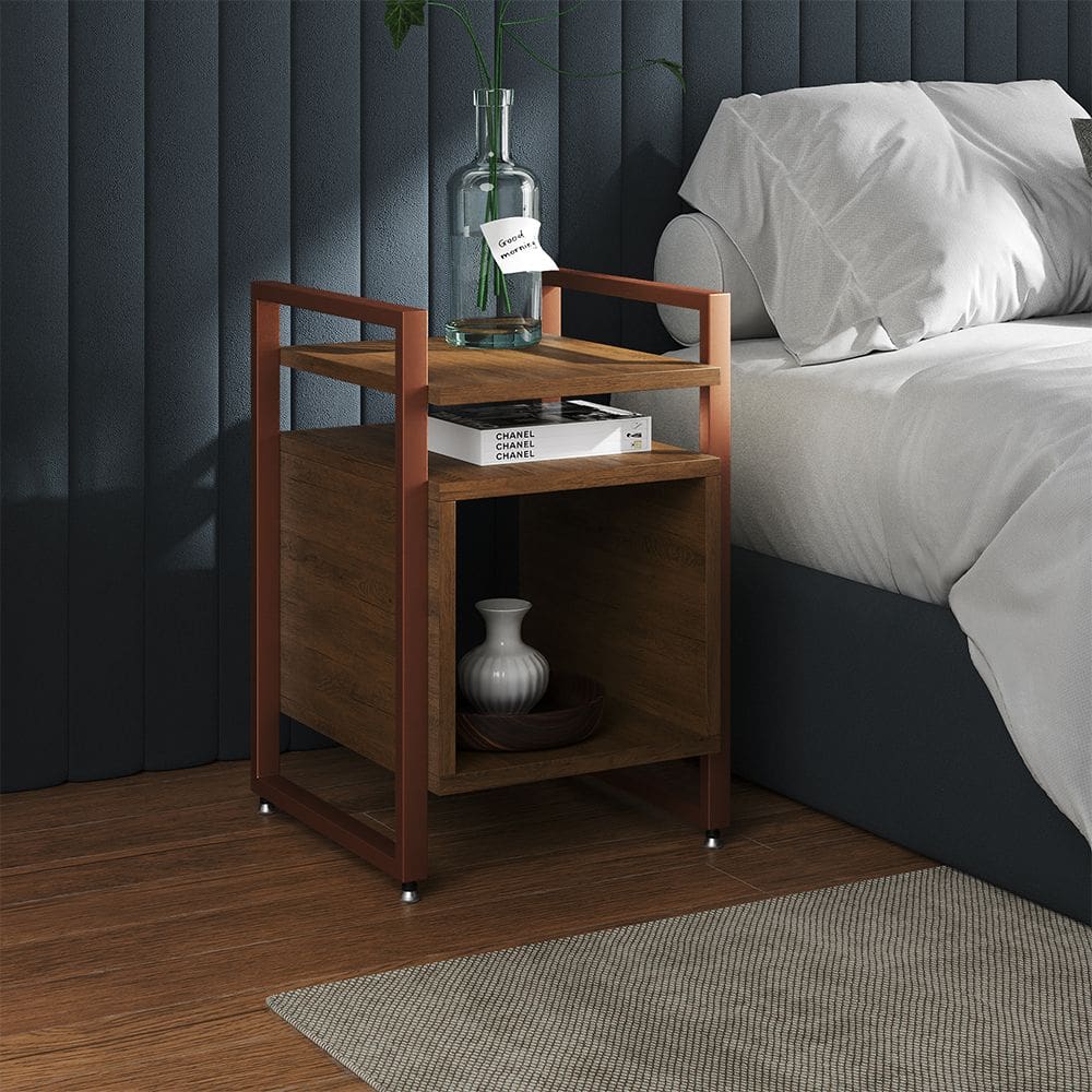 Mesa de Cabeceira Industrial Marrocos Ferro Cobre e Tampo Amêndoa