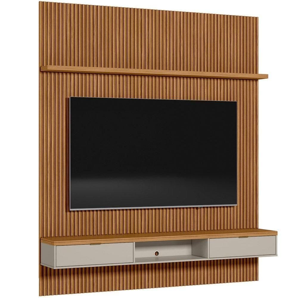 Painel Ripado Para Tv 75 Pol Slats E Bancada Lisa 219x250cm L05 Nature Off White - Lyam Decor
