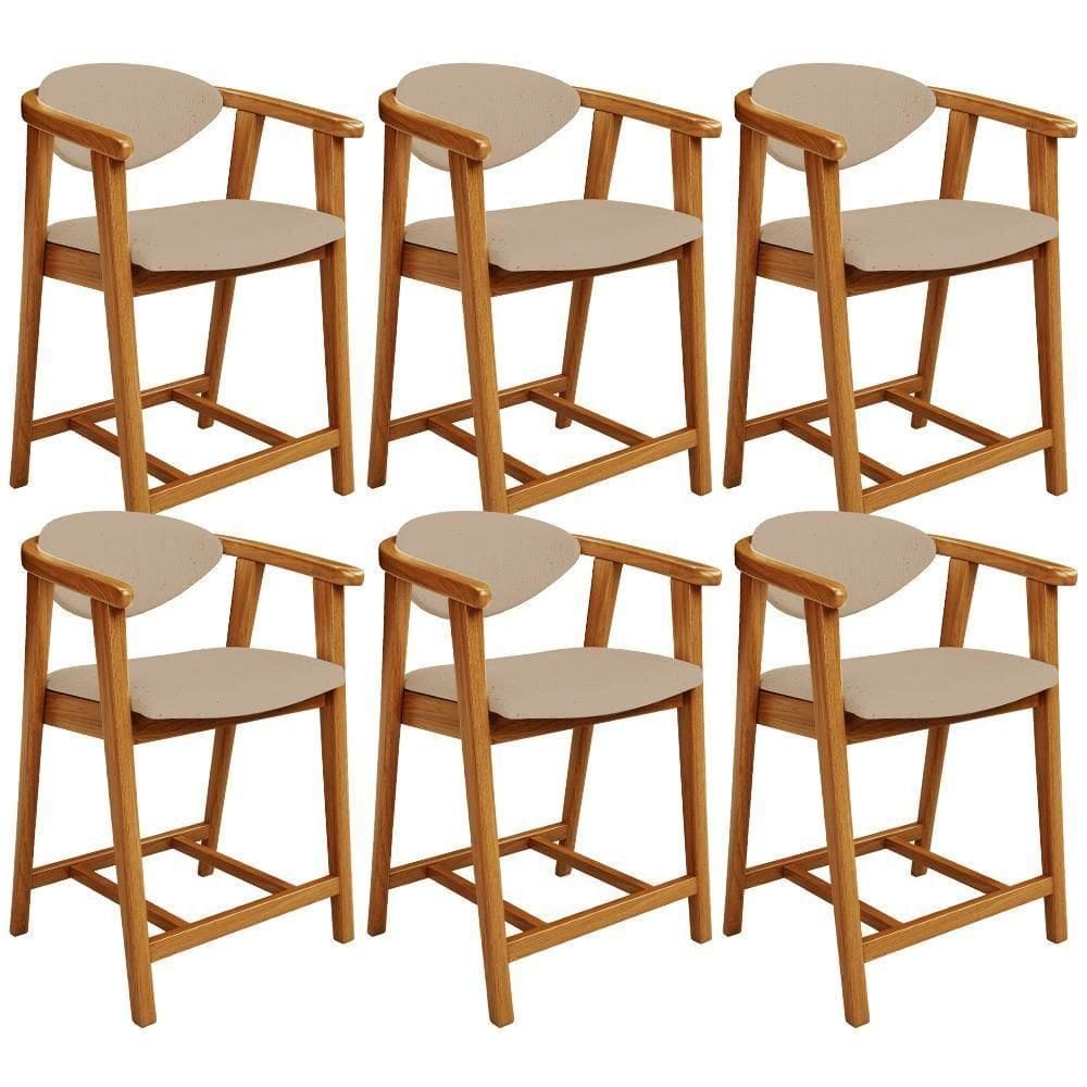 Kit 06 Banquetas Baixa Para Cozinha Sala Jantar Bancada Cecília L02 Linho Bege Escuro - Lyam Decor