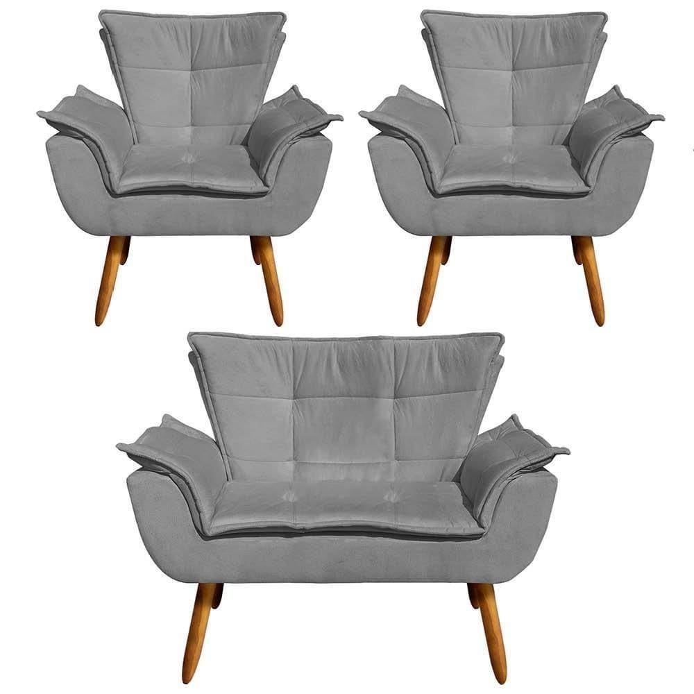 Kit Namoradeira 2 Lugares E 2 Poltronas Decorativas Pés Palito Opla Suede Grafite - Ibiza