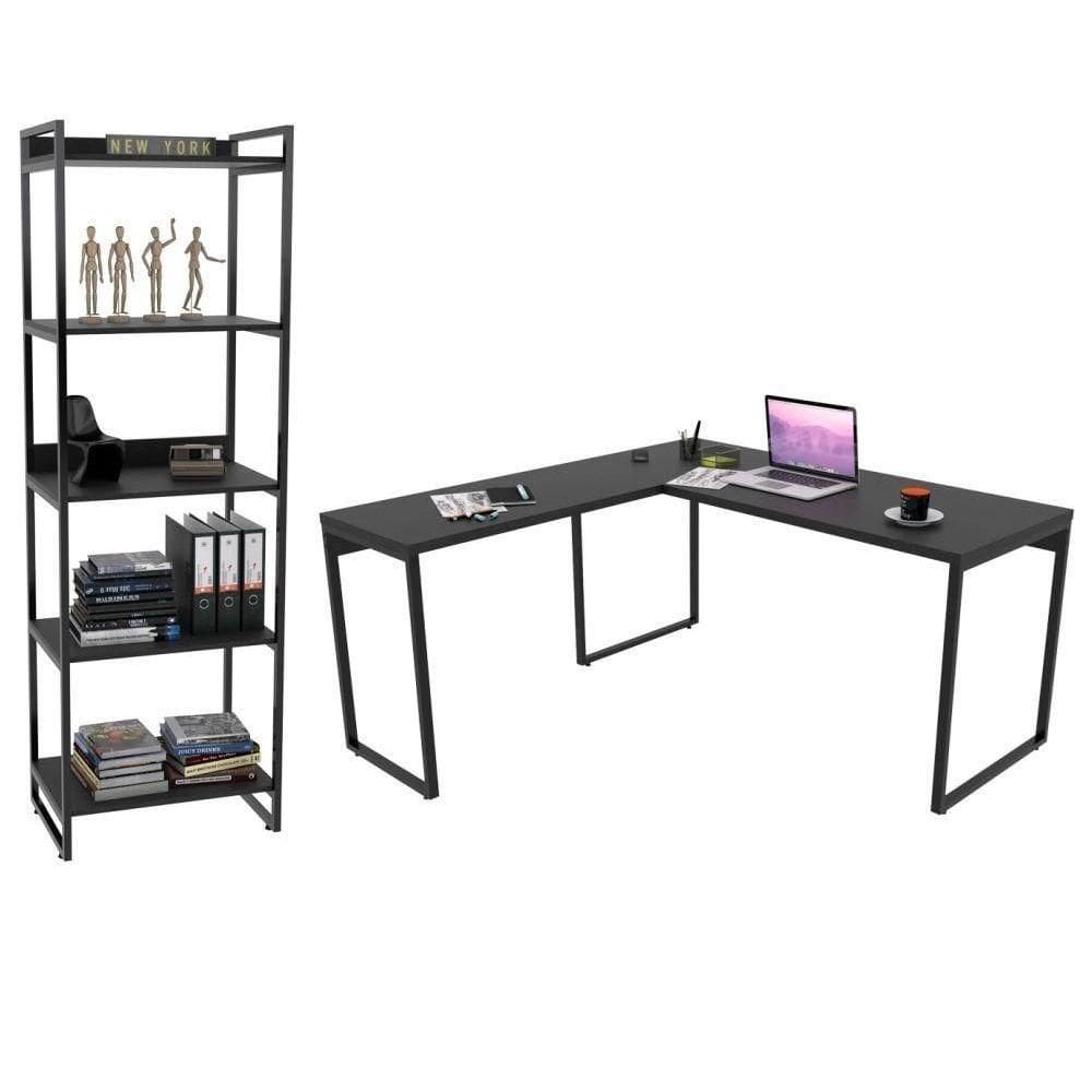 Conjunto Escritório Estilo Industrial Mesa 150X150Cm E Estante 60Cm 5 Prateleiras C08 Preto Onix