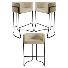 Kit 3 Banquetas Base Aço Preto Betina C-129 Linho Creme - Domi
