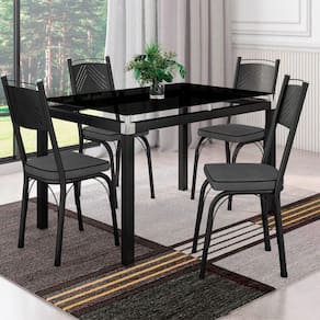 Conjunto De Mesa 4 Cadeiras Vidro Preto Fosco Platina