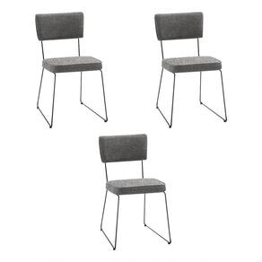 Kit 3 Cadeiras De Jantar Decorativa Base Aço Preto Luigi Linho Cinza