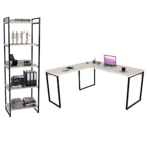 Conjunto Escritório Estilo Industrial Mesa 150x150cm E Estante 60cm 5 Prateleiras