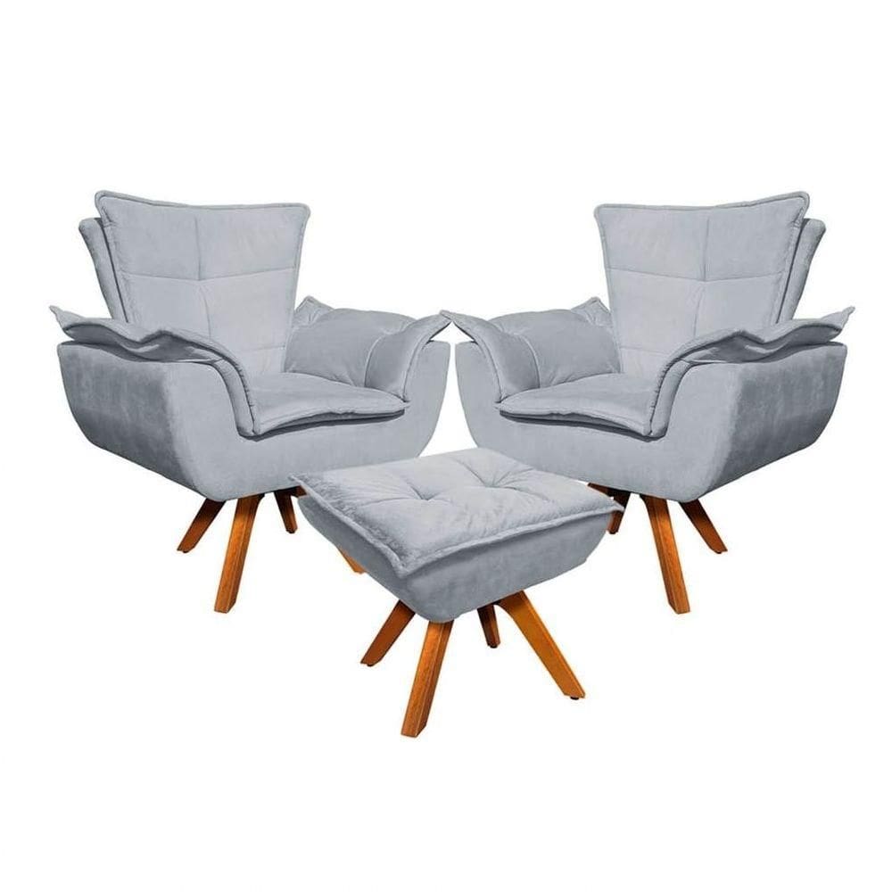 Kit 2 Poltronas Decorativas Base Giratória Giromad Com Puff Opla Suede Cinza - Ibiza