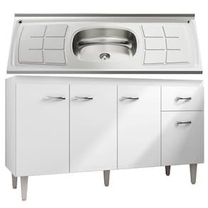 Balcão Gabriela Com Pia Inox 150Cm 4 Portas Branco/Preto