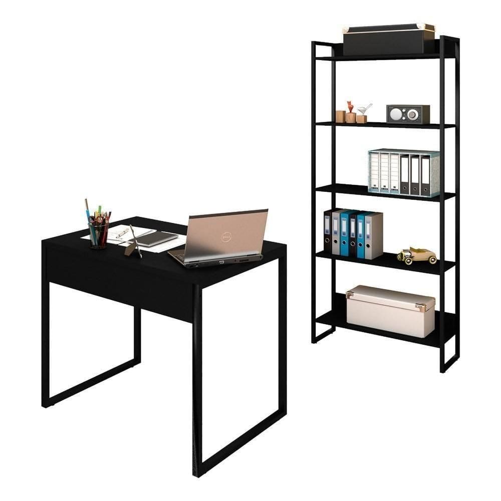 Conjunto Escritório Mesa 90 E Estante Studio Industrial M18 Preto