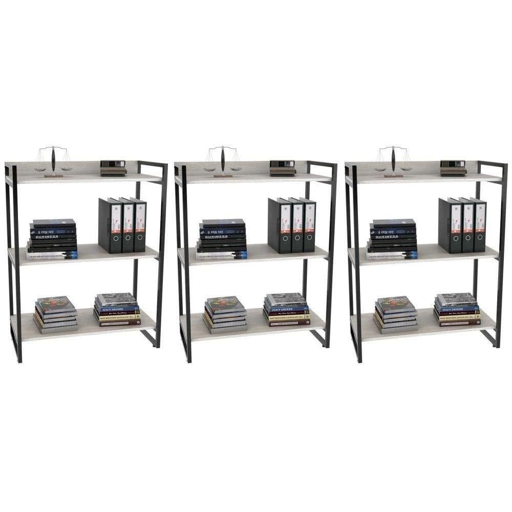 Kit 3 Estantes Livreiro Multiuso Prisma Estilo Industrial 80Cm 3 Prateleiras C08 Snow - Mpozenato