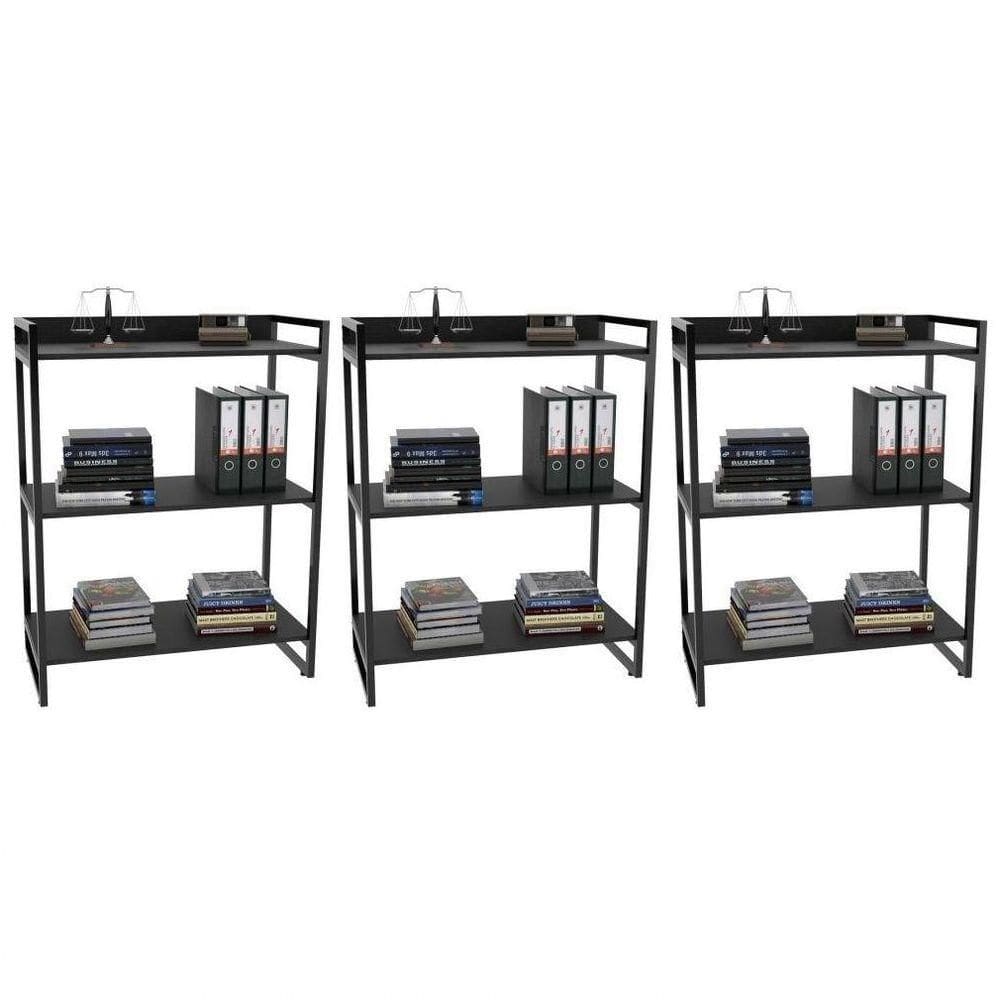 Kit 3 Estantes Livreiro Multiuso Prisma Estilo Industrial 80cm 3 Prateleiras C08 Preto Onix