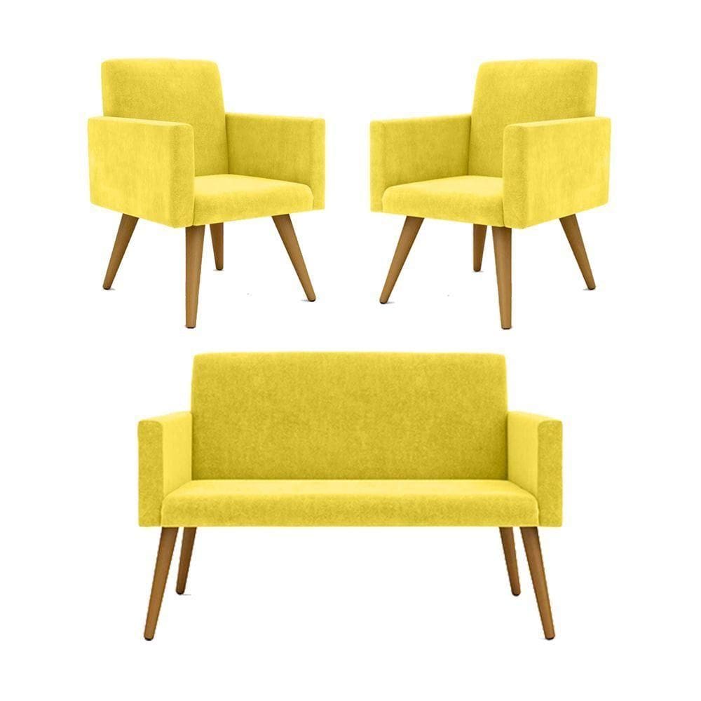 Kit Namoradeira + 02 Poltronas Decorativas Nina Amarelo