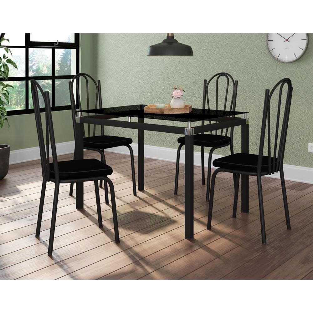 Conjunto De Mesa 4 Cadeiras Vidro Preto Fosco