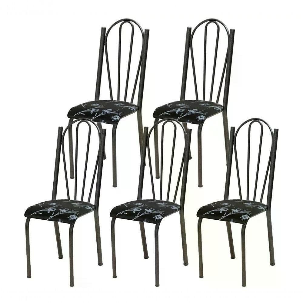 Kit 05 Cadeiras Tubular Cromo Preto 021 Assento Preto Florid