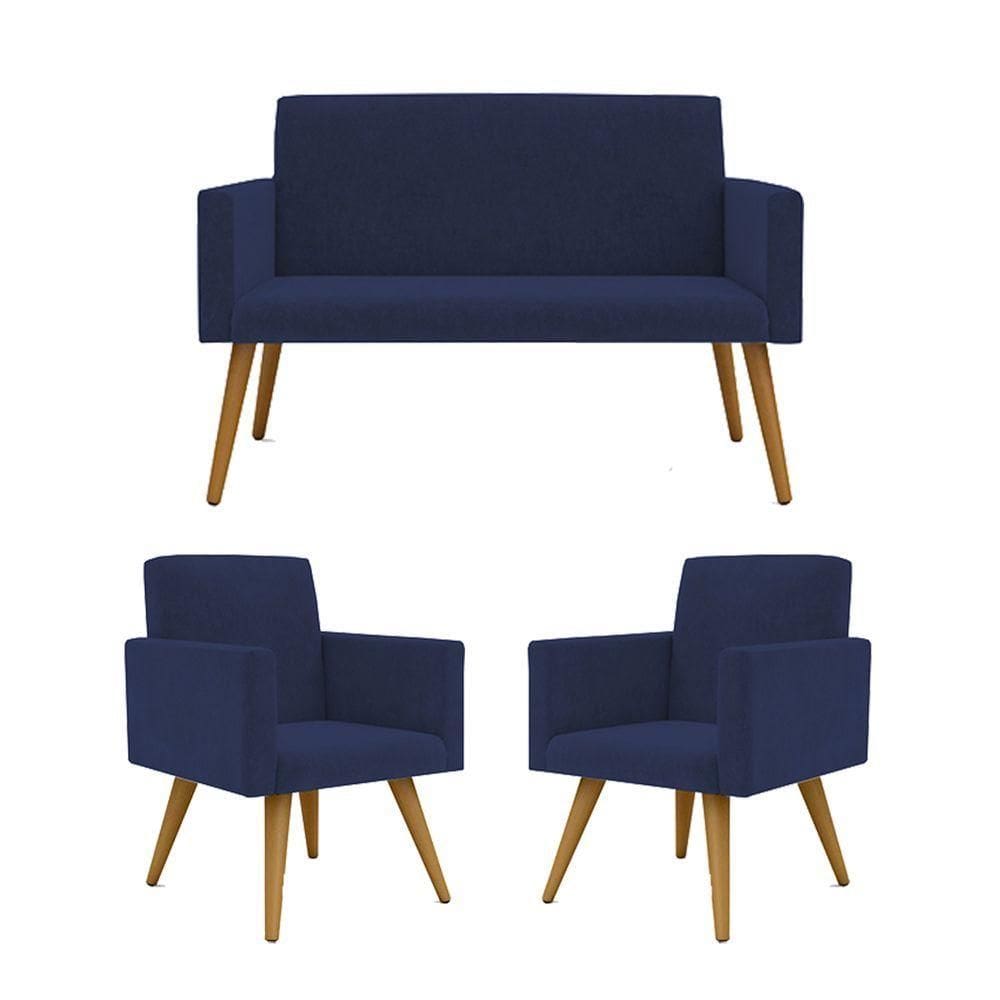 Kit Sofá Namoradeira + 2 Poltronas Decorativas azul Marinho