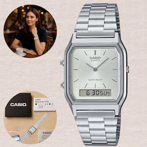 Relógio de Pulso Casio Retro Feminino Masculino Quadrado Analogico Digital Vintage Pulseira Aço Inóx Casual Prata AQ-230A-7AMQYDF