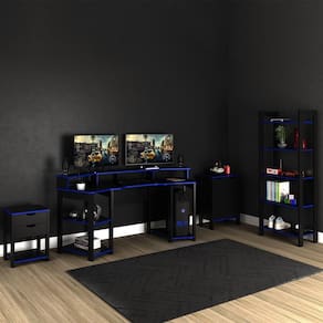 Mesa Armário Estante E Gaveteiro Escritório Cool Preto/Azul