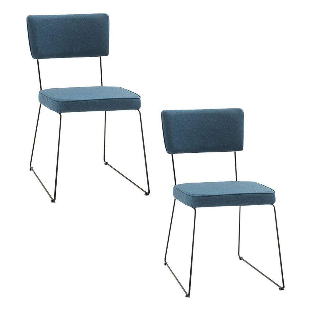 Kit 2 Cadeiras De Jantar Decorativa Base Aço Preto Luigi Linho Azul Jeans
