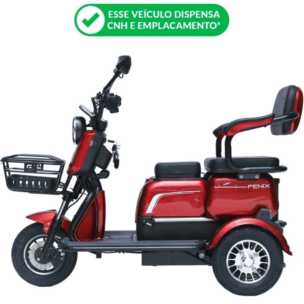 Triciclo Elétrico 750W Fenix Vermelho Dois Assentos Tração Reduzida - Não Precisa de CNH