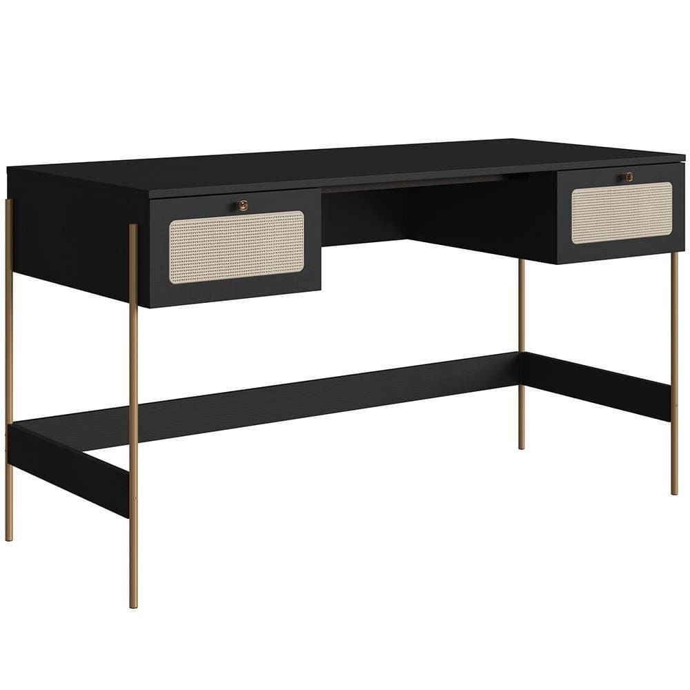Mesa Escrivaninha Home Office 2 Gavetas Industrial Indy A03 Nero Dourado