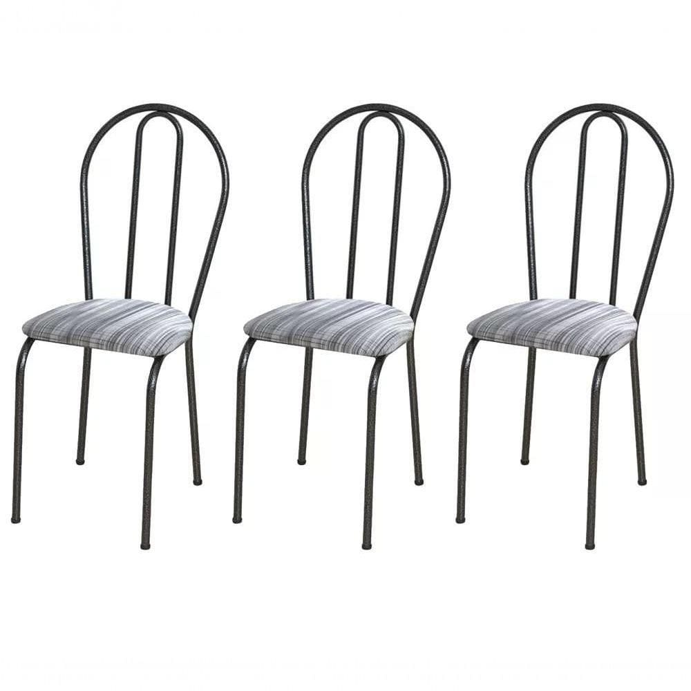 Kit 03 Cadeiras Tubular Cromo Preto 004 Assento Linho Linho
