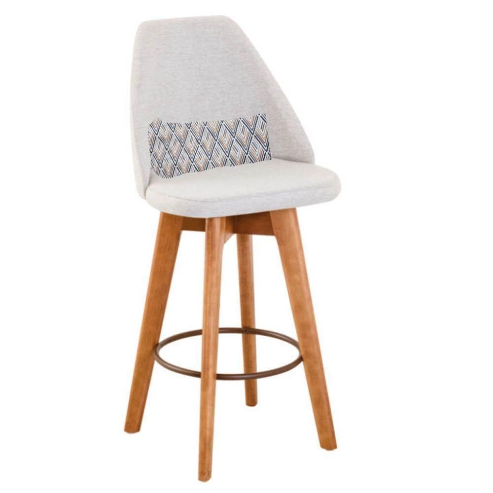 Banqueta Com Encosto Linho Bege E Almofada Zigzag