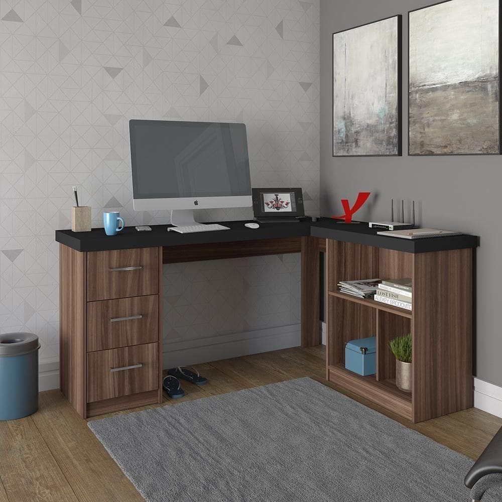 Mesa De Computador Em L 3 Gavetas Alaska Preto Ipê