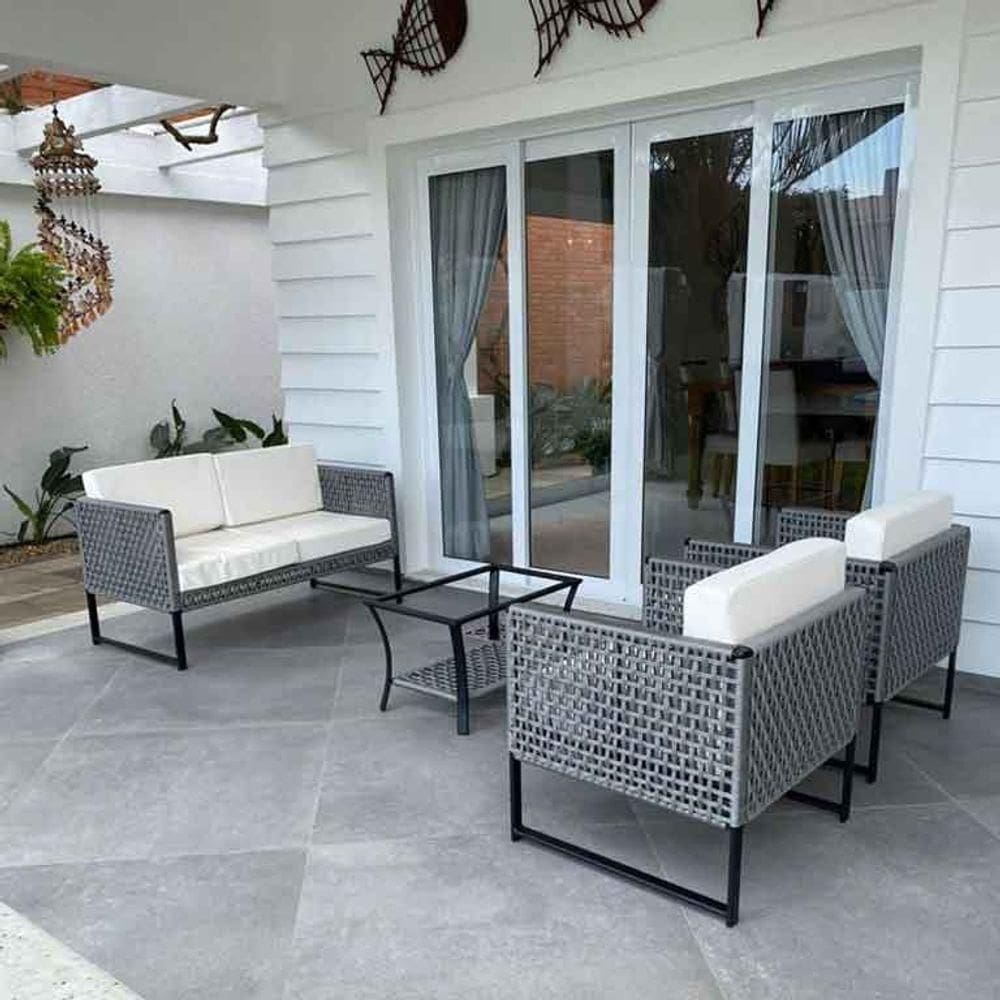 Conjunto De Sofá Bahamas Corda Náutica Em Tela 1 Sofá 2l + 2 Poltronas + Mesa Centro Duna Cru