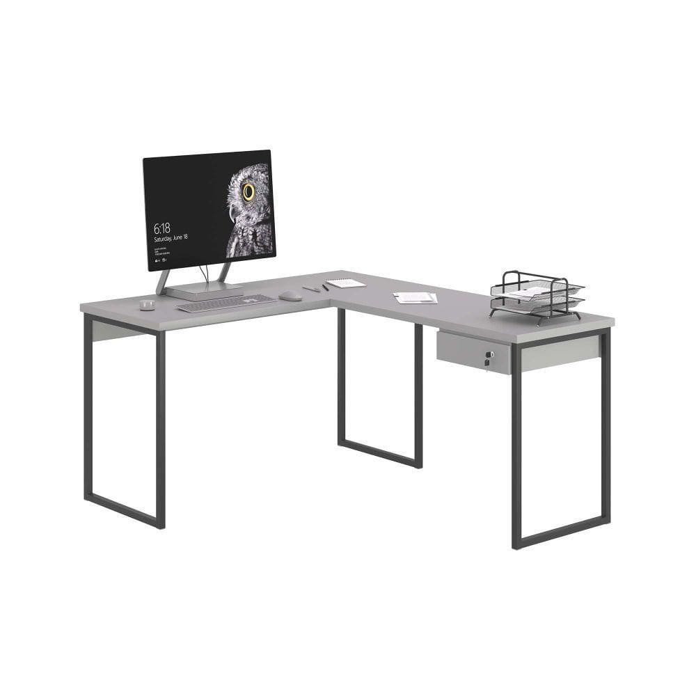 Mesa Em L Com 1 Gavetas Ferv Cinza