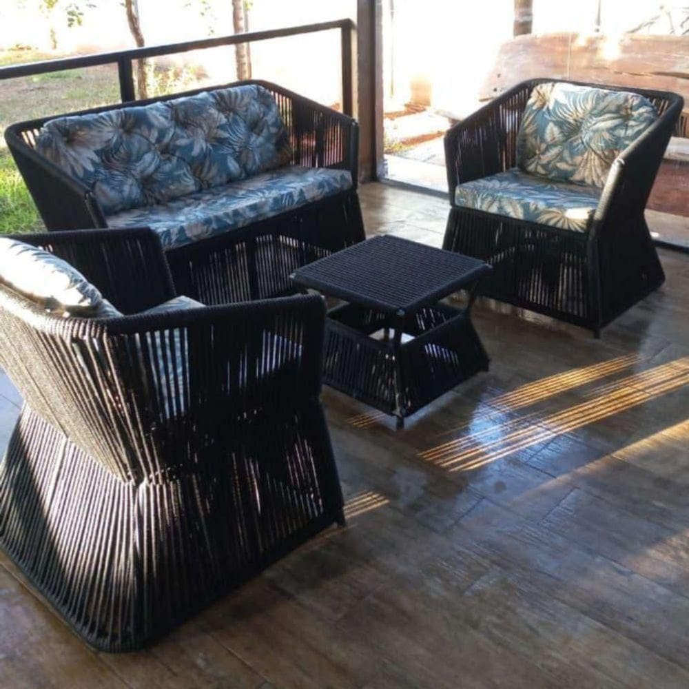 Conjunto De Sofá Em Corda Náutica Bambu - 1 Sofá, 2 Poltronas,1 Mesa Centro Tecido Palmares Petróleo