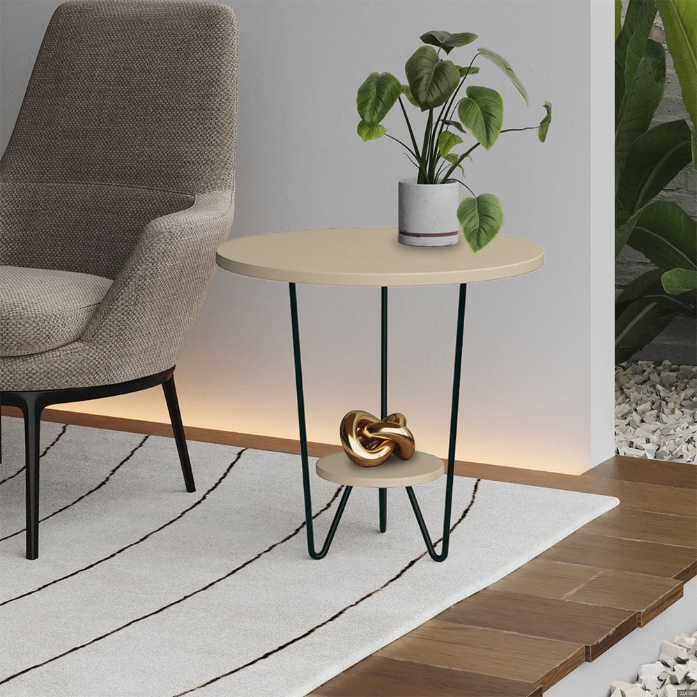 Mesa Lateral Redonda Industrial Italy Ferro Preto e Tampo Off-white