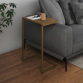 Mesa Lateral de Apoio Industrial Sofá Charmme Ferro Dourado e Tampo Freijó