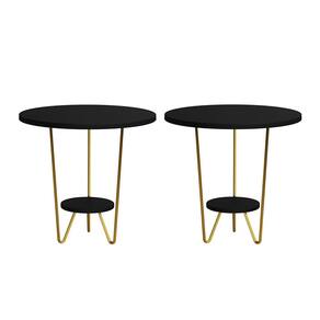 Kit 2 Mesas Laterais Redonda Industrial Italy Ferro Dourado e Tampo Preto