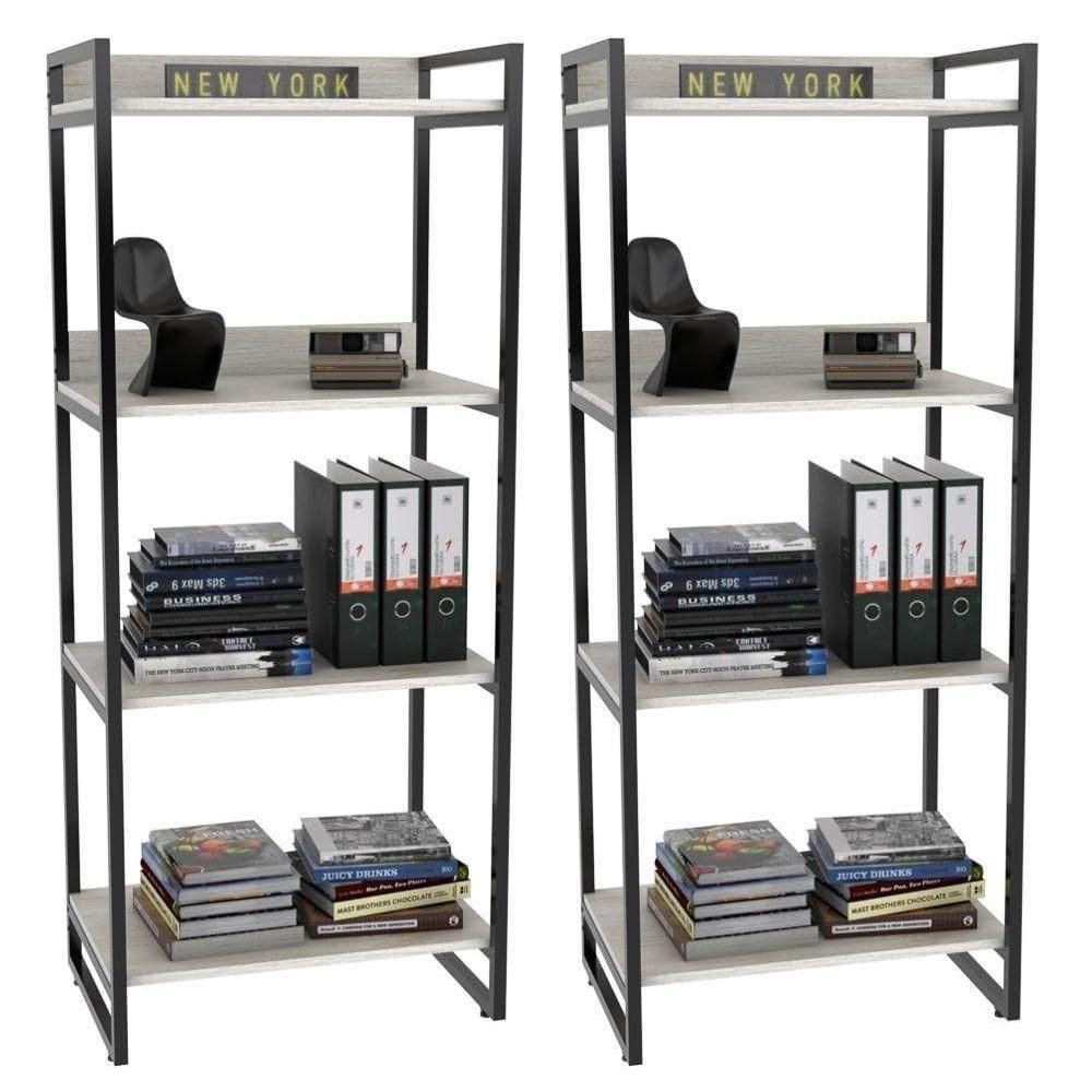 Kit 2 Estante Livreiro Multiuso Prisma Estilo Industrial 60Cm 4 Prateleiras C08 Snow - Mpozenato