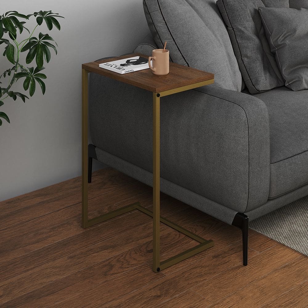 Mesa Lateral de Apoio Industrial Sofá Charmme Ferro Dourado e Tampo Amêndoa