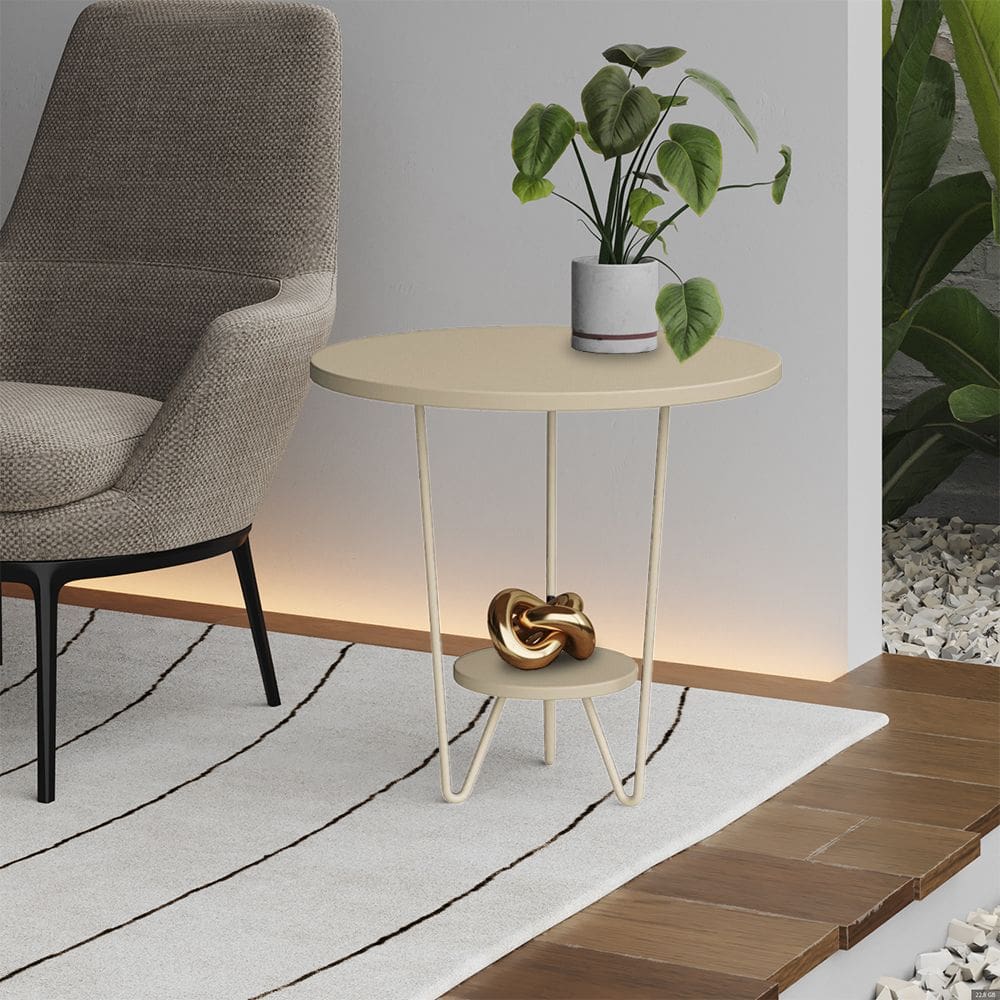 Mesa Lateral Redonda Industrial Italy Ferro Branco e Tampo Off-white