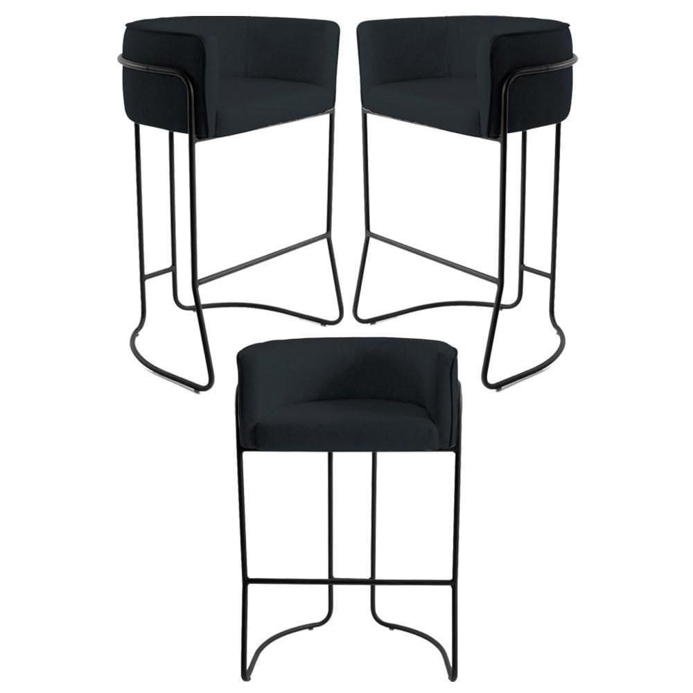Kit 3 Banquetas Base Aço Preto Betina B-300 Veludo Preto - Domi