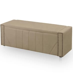 Calçadeira Baú Casal King Size Estofada Toronto Veludo Cor Bege Médio
