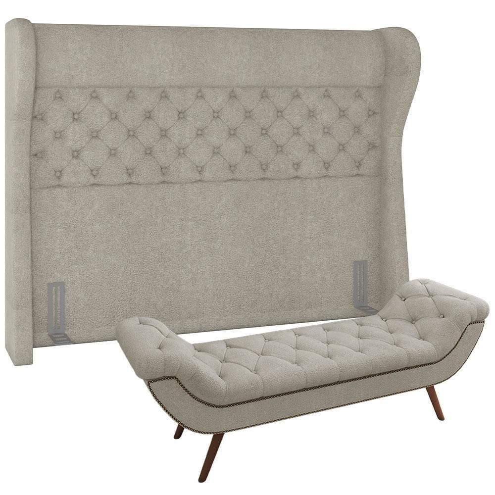 Kit Cabeceira Cama Box Casal 195cm Madrid Com Puff Recamier Santorini Bouclê Creme