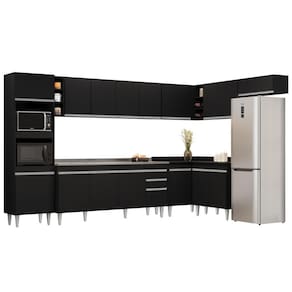Armário De Cozinha Modulada De Canto 9 Peças Cp06 Balcão Com Pia Inox Preto - Lumil