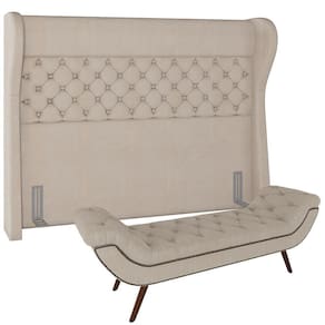 Kit Cabeceira Cama Box Casal 160cm Madrid Com Puff Recamier Santorini Linho Creme