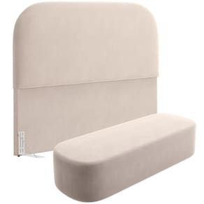 Cabeceira Cama Box King 195cm Lanna Com Puff Recamier Doha W01 Suede Bege - Lyam Decor