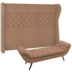 Kit Cabeceira Cama Box Casal 195cm Madrid Com Puff Recamier Santorini Bouclê Bege