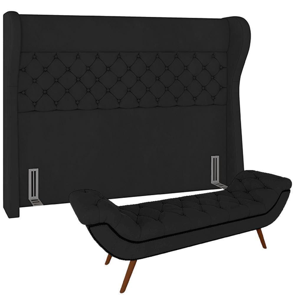 Kit Cabeceira Cama Box Casal 195cm Madrid Com Puff Recamier Santorini Veludo Preto