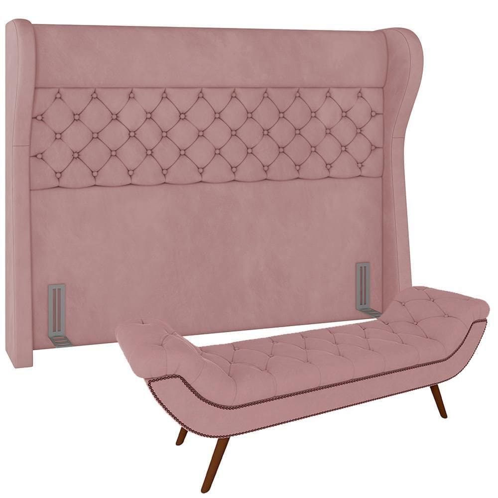 Kit Cabeceira Cama Box Casal 140cm Madrid Com Puff Recamier Santorini Veludo Rosê