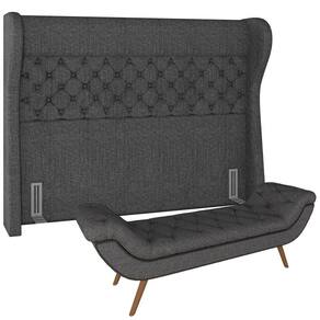 Kit Cabeceira Cama Box Casal 195cm Madrid Com Puff Recamier Santorini Linho Chumbo