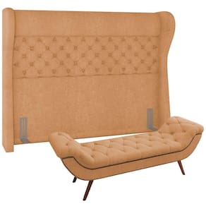 Kit Cabeceira Cama Box Casal 160cm Madrid Com Puff Recamier Santorini Bouclê Mostarda