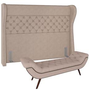 Kit Cabeceira Cama Box Casal 160cm Madrid Com Puff Recamier Santorini Linho Bege